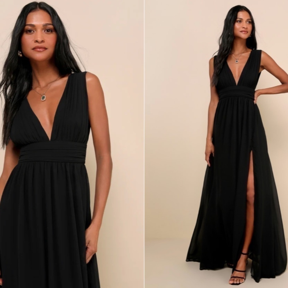 Lulu's Black Plunging V-Neck Maxi Dress with Front Slit